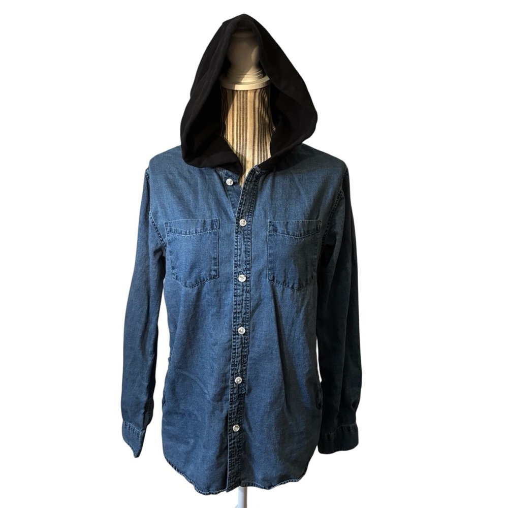 PacSun Shirt Jacket Small Blue Denim Black Hood Button-Up Pockets 100% Cotton